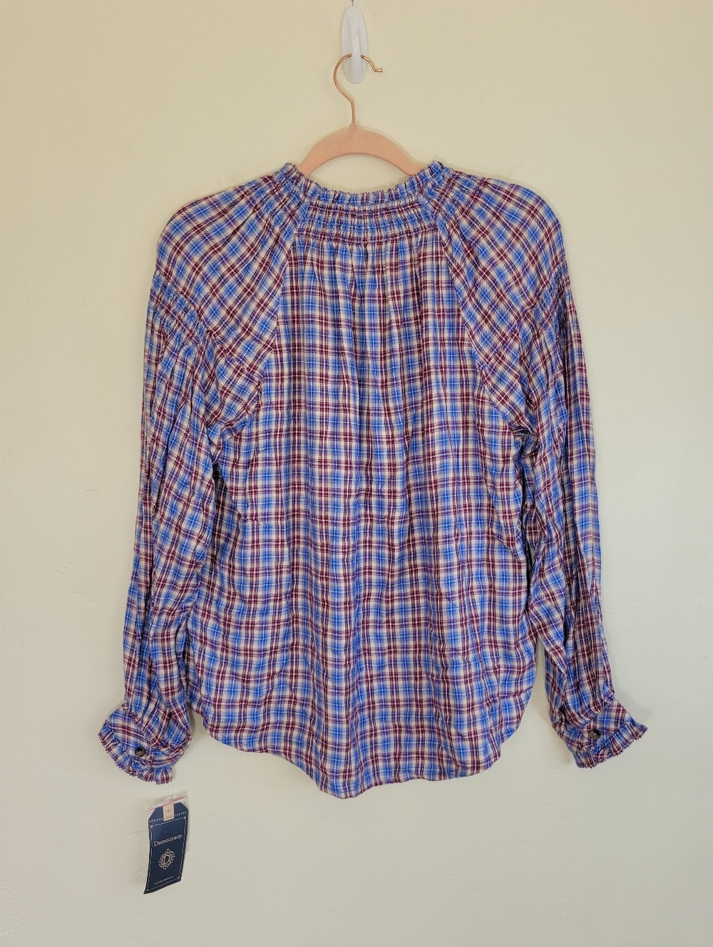 Democracy Plaid Long-Sleeve Top with Shirred Yoke — Blue, Red, and White NWT.
